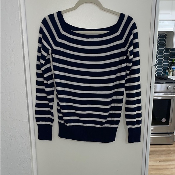 Brandy Melville Navy and White Striped Bonnie Off the Shoulder Knit Sweater | OS - Picture 3 of 7